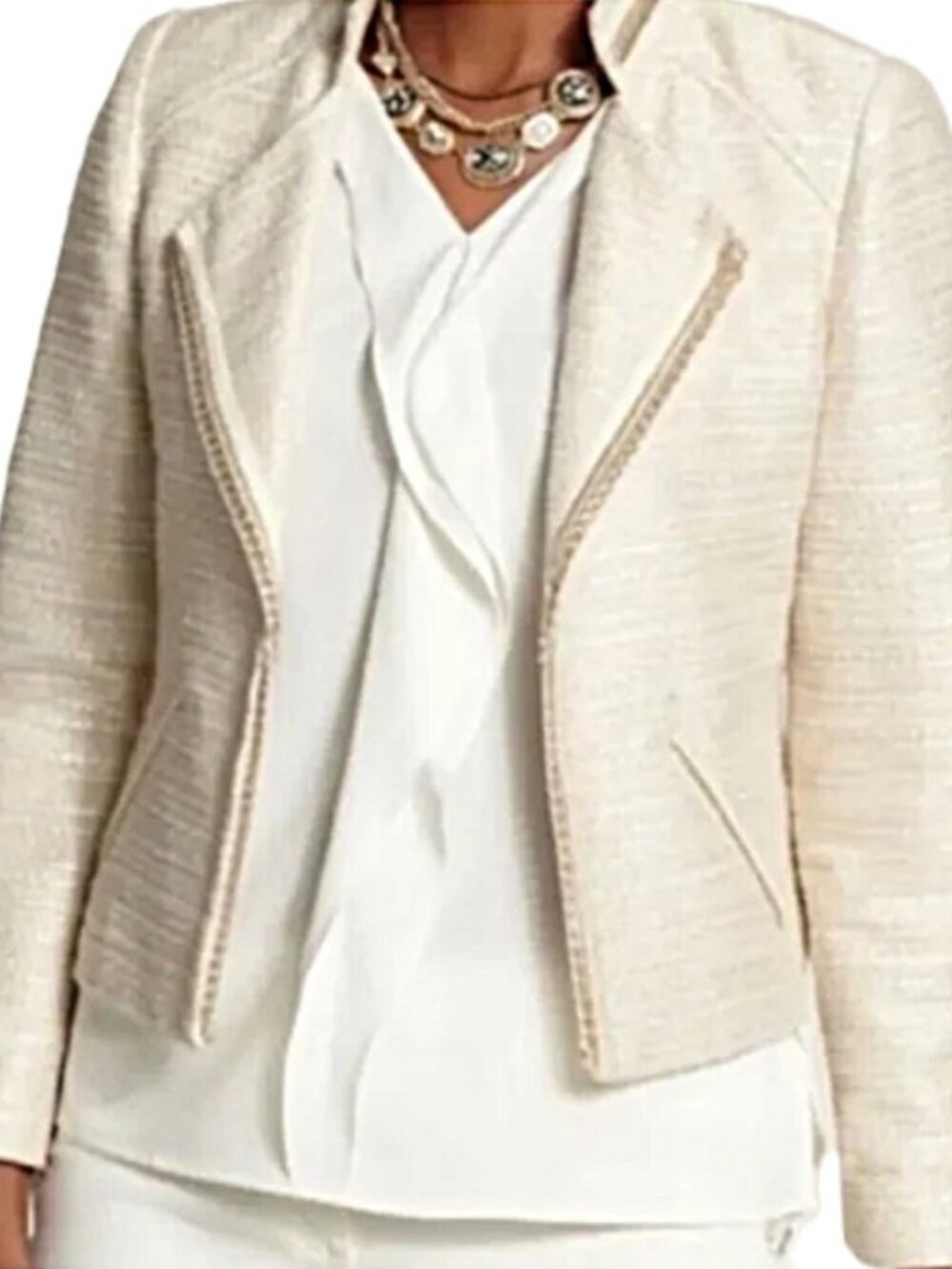 Chicos beige white textured chain accent jacket size 2